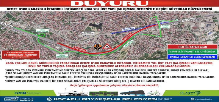 Gebze D-100’de Çalışma Yapılacak